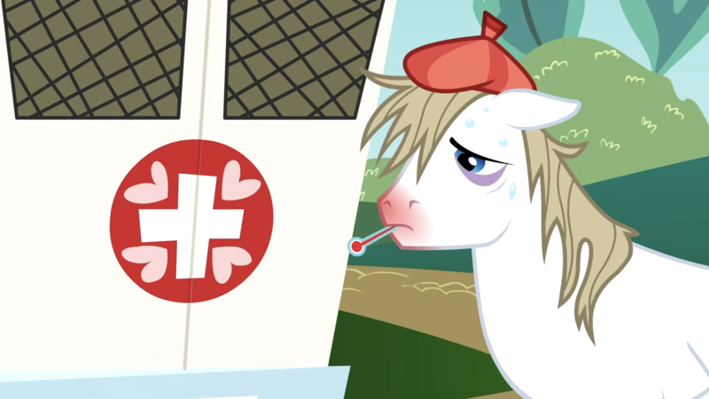 Size: 2880x1620 | Tagged: safe, derpibooru import, screencap, hay fever (character), earth pony, pony, hearts and hooves day (episode), hay fever, hearts and hooves day, image, male, png, sick, solo, stallion, sweat, the perfect stallion