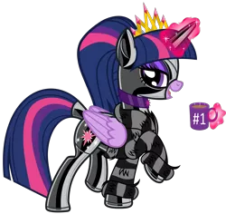 Size: 6477x6104 | Tagged: suggestive, alternate version, artist:severity-gray, derpibooru import, twilight sparkle, twilight sparkle (alicorn), alicorn, pony, absurd resolution, alternate hairstyle, bedroom eyes, coffee, coffee mug, collar, crown, cutie mark, eyeshadow, female, fur coat, image, jewelry, latex, latex suit, leather, looking at you, magic, magic aura, makeup, mare, mug, open mouth, open smile, png, ponytail, pose, raised hoof, regalia, rubber, rubber suit, shine, shiny, side view, simple background, smiling, smiling at you, solo, solo female, spikes, transparent background