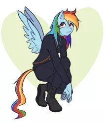 Size: 1107x1297 | Tagged: safe, artist:meliciamelano, derpibooru import, rainbow dash, anthro, plantigrade anthro, boot, clothes, crouching, image, looking at you, png, simple background, smiling, wings