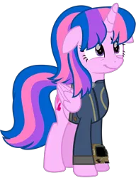 Size: 6312x8231 | Tagged: safe, artist:ponygamer2020, derpibooru import, oc, oc:hsu amity, unofficial characters only, alicorn, pony, fallout equestria, all bottled up, :t, absurd resolution, alicorn oc, clothes, cute, fallout, female, floppy ears, folded wings, full body, horn, image, jumpsuit, mare, multicolored mane, multicolored tail, not twilight sparkle, pipboy, png, purple eyes, show accurate, simple background, smiling, solo, standing, tail, transparent background, vault suit, vector, wings