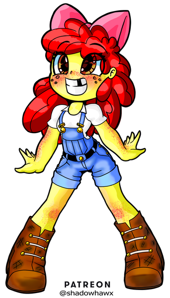 Size: 1024x1796 | Tagged: safe, artist:shadowhawx, derpibooru import, edit, apple bloom, equestria girls, adorabloom, boots, bow, clothes, cowboy boots, cute, female, freckles, grin, hair bow, image, overalls, pigeon toed, png, shoes, smiling, solo, tooth gap