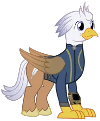 Size: 2354x2842 | Tagged: safe, artist:ponygamer2020, derpibooru import, oc, oc:silver quill, unofficial characters only, classical hippogriff, hippogriff, fallout equestria, absurd resolution, clothes, fallout, hippogriff oc, image, jumpsuit, male, pipboy, png, simple background, solo, transparent background, vault suit, vector, wings