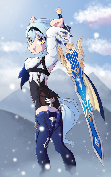 Size: 2868x4580 | Tagged: safe, artist:qbellas, derpibooru import, anthro, clothes, crossover, dragonspine, eula (genshin impact), genshin impact, image, looking at you, mountain, png, snow, solo, sword, weapon