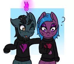 Size: 998x857 | Tagged: safe, artist:lazerblues, derpibooru import, oc, oc:lazerblues, earth pony, pony, unicorn, clothes, image, one eye closed, png, solo, sweater, wink