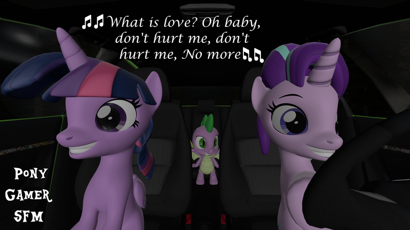 Size: 1920x1080 | Tagged: safe, artist:ponygamer2020, artist:ponygamersfm, derpibooru import, spike, starlight glimmer, twilight sparkle, twilight sparkle (alicorn), alicorn, dragon, pony, unicorn, 3d, adorkable twilight, car, cute, driving, female, glimmerbetes, grin, haddaway, image, lyrics, male, mare, night at the roxbury, png, roxbury boys, saturday night live, sitting, smiling, song reference, source filmmaker, spikabetes, text, trio, twiabetes, what is love, wings