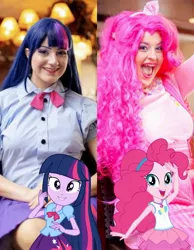 Size: 1717x2217 | Tagged: safe, artist:sarahndipity cosplay, artist:shelbeanie, derpibooru import, pinkie pie, twilight sparkle, human, equestria girls, clothes, cosplay, costume, image, irl, irl human, jpeg, photo