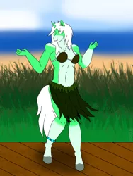 Size: 2448x3264 | Tagged: suggestive, artist:rionix15, derpibooru import, oc, oc:jasmine jade, anthro, unicorn, clothes, grass skirt, hula dance, image, png, skirt