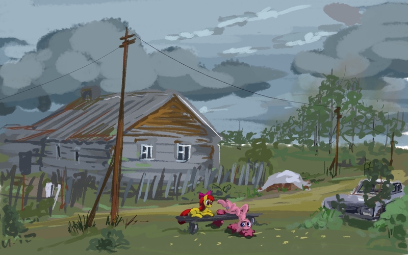 Size: 1920x1200 | Tagged: safe, artist:alexandrvirus, derpibooru import, apple bloom, pinkie pie, earth pony, pony, pinkie apple pie, bench, car, cloud, cloudy, cousins, detailed background, female, fence, filly, hanging out, house, image, jpeg, mare, pinkie being pinkie, scenery, shack, storm, telephone lines, telephone pole, upside down