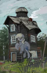 Size: 717x1114 | Tagged: safe, artist:alexandrvirus, derpibooru import, derpy hooves, pegasus, pony, barn, fence, flying, image, jpeg, outdoors, painting, scenery, solo, texture, textured background