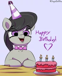 Size: 2200x2700 | Tagged: safe, artist:sugardotxtra, derpibooru import, octavia melody, earth pony, pony, birthday, birthday cake, cake, candle, cute, female, food, happy, hat, image, mare, party hat, png, smiling, solo, tavibetes