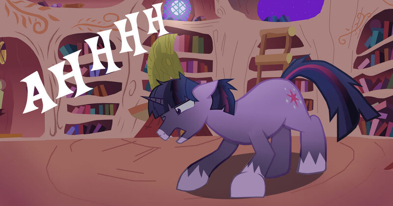 Size: 1280x670 | Tagged: safe, artist:mr100dragon100, derpibooru import, twilight sparkle, unicorn, twilight unbound, golden oaks library, image, jpeg, library, night, transformation, unicorn twilight