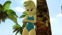 Size: 1920x1080 | Tagged: safe, artist:mr.uberrebu25, derpibooru import, applejack, equestria girls, 3d, beach, beach babe, blue swimsuit, breasts, busty applejack, clothes, hips, image, leotard, one-piece swimsuit, png, solo, swimsuit, thick