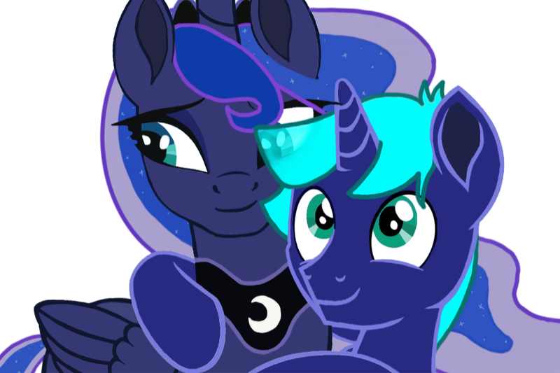 Size: 1080x719 | Tagged: safe, artist:dianamur, artist:twinet, derpibooru import, edit, princess luna, oc, oc:eclipse (iwtfpl), alicorn, pony, unicorn, base used, canon x oc, captain, couple, duo, eclipse, eye clipping through hair, guard, horn, hug, image, male, moon, original character do not steal, png, princess, shipping, simple background, smiling