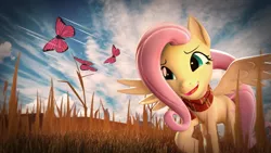 Size: 3840x2160 | Tagged: safe, artist:nebby14, derpibooru import, fluttershy, butterfly, insect, pegasus, pony, 3d, 4k, clothes, farm, female, field, grass, grass field, happy, high res, image, mare, nature, png, poster, scarf, solo, source filmmaker, wallpaper