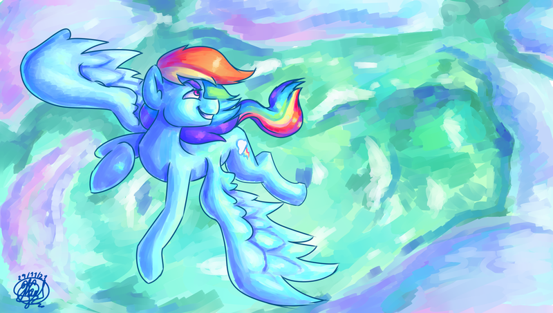 Size: 1800x1020 | Tagged: safe, artist:mannybcadavera, derpibooru import, rainbow dash, pegasus, pony, female, flying, grin, image, looking back, mare, png, smiling, solo, spread wings, wings