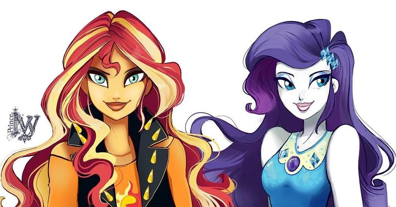 Size: 1080x564 | Tagged: dead source, safe, artist:princeivythefirst, rarity, sunset shimmer, equestria girls, equestria girls series, bust, clothes, cutie mark, cutie mark on clothes, dreamworks face, eyeshadow, geode of shielding, hairpin, image, jacket, jpeg, lipstick, magical geodes, makeup, portrait, simple background, sleeveless, white background