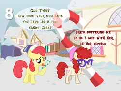 Size: 1280x960 | Tagged: safe, artist:bronybyexception, derpibooru import, apple bloom, twist, earth pony, pony, advent calendar, candy, candy cane, christmas, dialogue, divorce, female, food, glasses, hat, holiday, image, jpeg, mare, missing cutie mark, snow