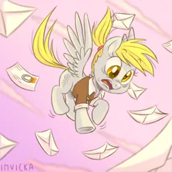 Size: 1280x1280 | Tagged: safe, artist:imvicka, derpibooru import, derpy hooves, pegasus, pony, alternate hairstyle, cute, delivery, derpabetes, envelope, female, image, letter, mailmare, mare, png, ponytail, silly, silly pony, solo