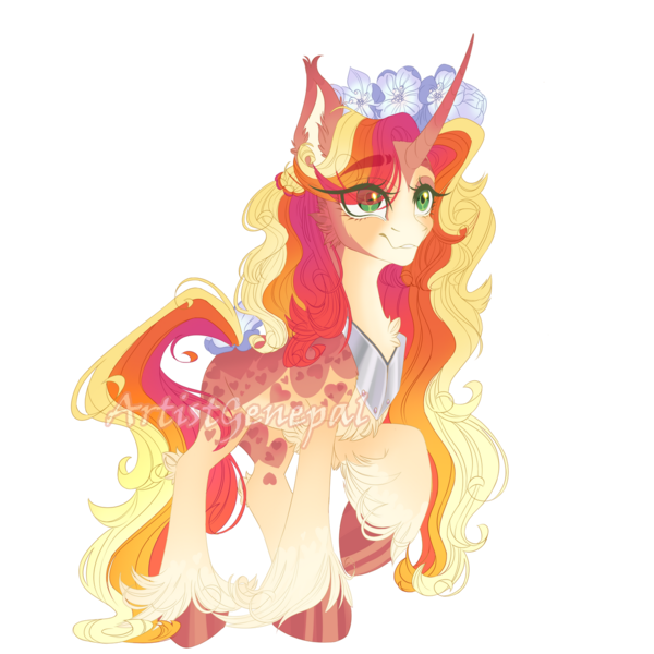 Size: 1280x1280 | Tagged: safe, artist:artistgenepal, derpibooru import, oc, unofficial characters only, pony, unicorn, eye clipping through hair, female, flower, flower in hair, image, mare, offspring, parent:big macintosh, parent:princess cadance, parents:cadmac, peytral, png, smiling, solo, unshorn fetlocks, watermark