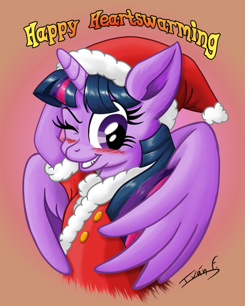 Size: 2807x3508 | Tagged: safe, artist:memprices, derpibooru import, twilight sparkle, twilight sparkle (alicorn), alicorn, pony, bust, christmas, clothes, costume, grin, heartwarming, holiday, horn, image, looking at you, one eye closed, png, santa costume, smiling, solo, wings, wink, winking at you