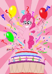 Size: 2481x3508 | Tagged: safe, artist:memprices, derpibooru import, pinkie pie, earth pony, pony, balloon, big smile, cake, confetti, food, hooves up, image, jumping, party, png, smiling, streamers, vectorial