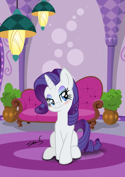 Size: 2481x3508 | Tagged: safe, artist:memprices, derpibooru import, rarity, pony, unicorn, blushing, eyeshadow, image, looking ay you, makeup, png, sitting, smiling, vectorial