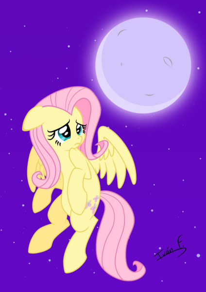 Size: 2481x3508 | Tagged: safe, artist:memprices, derpibooru import, fluttershy, pegasus, pony, flying, frightened, image, moon, night, png, sad, vectorial, wings
