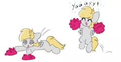 Size: 6800x3518 | Tagged: safe, artist:kittyrosie, derpibooru import, derpy hooves, pony, cheerleader, chibi, cute, derpabetes, eyes closed, image, open mouth, png, ponponpon, simple background, white background