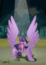Size: 2481x3508 | Tagged: safe, artist:memprices, derpibooru import, twilight sparkle, twilight sparkle (alicorn), alicorn, pony, angry, casting a spell, comic cover, defending, everfree forest, image, looking at you, magic, magic aura, png, raised hoof, spell, vectorial, wings extended