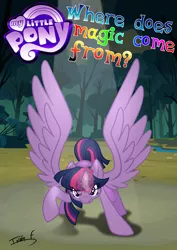 Size: 2481x3508 | Tagged: safe, artist:memprices, derpibooru import, twilight sparkle, twilight sparkle (alicorn), alicorn, pony, comic:where does magic come from?, angry, casting a spell, comic cover, defending, everfree forest, image, looking at you, magic, magic aura, png, raised hoof, spell, vectorial, wings extended