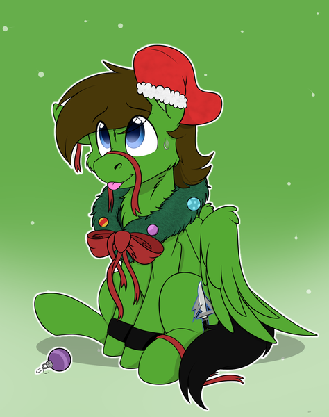 Size: 1744x2208 | Tagged: safe, artist:rokosmith26, derpibooru import, oc, oc:delta hooves, unofficial characters only, pegasus, pony, armband, bow, cheek fluff, chest fluff, christmas, christmas stocking, christmas wreath, commission, floppy ears, gradient background, holiday, image, looking up, male, one ear down, pegasus oc, pegasus wings, png, raised hoof, ribbon, simple background, sitting, smiling, solo, stallion, sweat, sweatdrop, tail, tongue out, wings, wreath, ych result