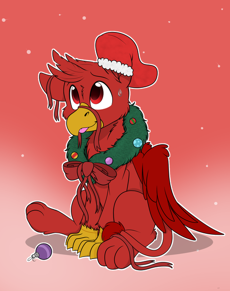 Size: 1744x2208 | Tagged: safe, artist:rokosmith26, derpibooru import, oc, oc:con badger, unofficial characters only, gryphon, beak, bow, cheek fluff, chest fluff, christmas, christmas stocking, christmas wreath, claws, commission, floppy ears, gradient background, griffon oc, holiday, image, looking up, male, one ear down, paws, png, raised hoof, ribbon, simple background, sitting, smiling, solo, sweat, sweatdrop, tail, tongue out, wings, wreath, ych result