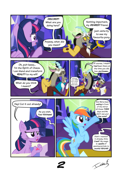 Size: 2481x3508 | Tagged: safe, artist:memprices, derpibooru import, discord, rainbow dash, twilight sparkle, comic:where does magic come from?, comic, dialogue, image, png, twilight's castle, vectorial