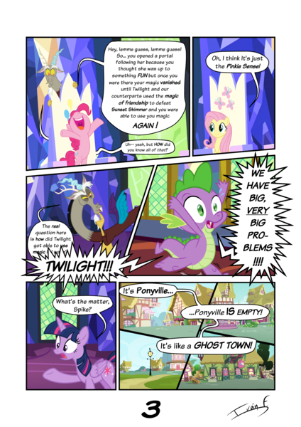 Size: 2481x3508 | Tagged: safe, artist:memprices, derpibooru import, discord, fluttershy, pinkie pie, spike, twilight sparkle, comic:where does magic come from?, bipedal, comic, dialogue, image, png, ponyville, twilight's castle, vectorial