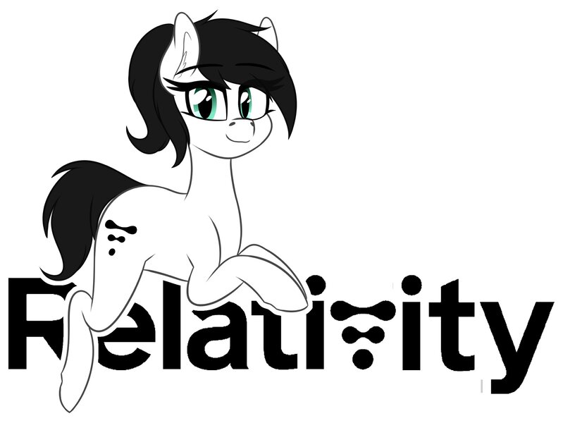 Size: 2048x1537 | Tagged: safe, artist:seafooddinner, derpibooru import, oc, oc:relativityspacepone, unofficial characters only, earth pony, pony, female, image, jpeg, logo, looking at you, lying down, mare, ponytail, relativity space, simple background