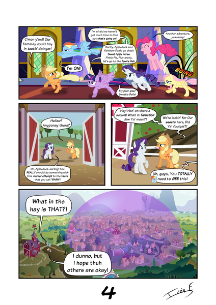 Size: 2481x3508 | Tagged: safe, artist:memprices, derpibooru import, applejack, fluttershy, pinkie pie, rainbow dash, rarity, twilight sparkle, comic:where does magic come from?, comic, dialogue, dome, image, png, ponyville, southern accent, sweet apple acres, sweet apple acres barn, twilight's castle, vectorial