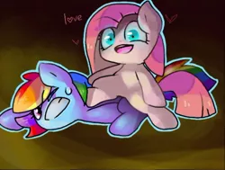 Size: 512x387 | Tagged: safe, artist:miki 14, artist:tomatoraito, derpibooru import, pinkie pie, rainbow dash, earth pony, pegasus, pony, duo, gritted teeth, image, jpeg, pinkamena diane pie, pinned down, shrunken pupils