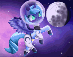 Size: 1400x1100 | Tagged: safe, artist:polishcrossoverfan, derpibooru import, princess luna, alicorn, pony, :i, absurd file size, absurd gif size, animated, colored pupils, gif, image, moon, s1 luna, solo, space, space helmet, spacesuit