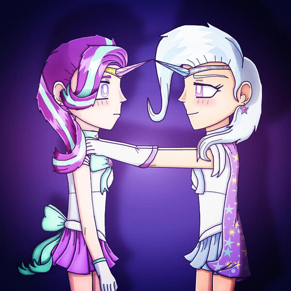 Size: 1237x1238 | Tagged: safe, artist:polishcrossoverfan, derpibooru import, starlight glimmer, trixie, human, clothes, crossover, duo, ear piercing, earring, female, gloves, hands on shoulder, horn, humanized, image, jewelry, jpeg, lesbian, looking at each other, looking at someone, piercing, sailor moon, sailor scout, shipping, skirt, startrix