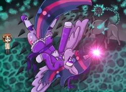 Size: 1903x1397 | Tagged: safe, artist:polishcrossoverfan, derpibooru import, twilight sparkle, twilight sparkle (alicorn), alicorn, human, semi-anthro, clothes, crossover, dodge, glow, hetalia, image, italy, monster, one eye closed, png, spread wings, wings