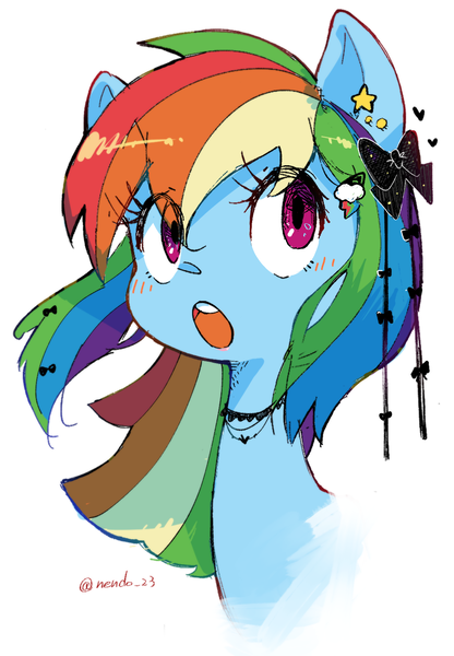 Size: 1134x1635 | Tagged: safe, artist:nendo, derpibooru import, rainbow dash, pegasus, pony, :o, alternate hairstyle, bust, female, image, jewelry, mare, open mouth, png, portrait, simple background, solo
