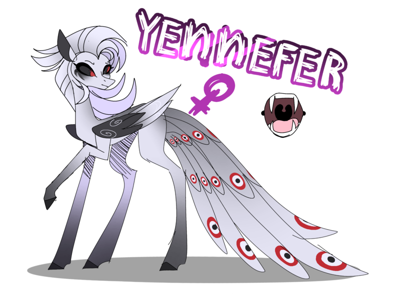 Size: 2263x1678 | Tagged: safe, artist:enifersuch, derpibooru import, oc, oc:yennefer, unofficial characters only, pegasus, pony, black sclera, fangs, female, image, mare, pegasus oc, png, raised hoof, simple background, transparent background, wings