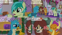 Size: 1280x720 | Tagged: safe, derpibooru import, edit, edited screencap, editor:quoterific, screencap, gallus, ocellus, sandbar, silverstream, smolder, yona, changeling, dragon, earth pony, gryphon, hippogriff, pony, yak, season 8, the hearth's warming club, spoiler:s08, eyes closed, female, hand on hip, image, male, open mouth, png, smiling, stallion, student six