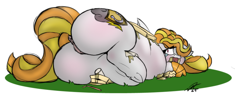 Size: 988x404 | Tagged: questionable, artist:sleepy ray, derpibooru import, cow, pony, belly, big belly, body writing, breasts, crotchboobs, fat, fat fetish, fear, fetish, food, huge belly, image, immobile, impossibly large belly, lactation, messy eating, milk, morbidly obese, nudity, obese, owned, png, solo, the ass was fat