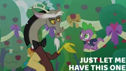 Size: 1280x720 | Tagged: safe, derpibooru import, edit, edited screencap, editor:quoterific, screencap, discord, spike, draconequus, dragon, season 9, the big mac question, spoiler:s09, flying, image, jpeg, male, open mouth, winged spike, wings