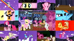 Size: 1280x720 | Tagged: safe, artist:spaceoddpony, derpibooru import, edit, editor:quoterific, applejack, fluttershy, mean applejack, mean fluttershy, mean pinkie pie, mean rainbow dash, mean rarity, mean twilight sparkle, pinkie pie, rainbow dash, rarity, tree of harmony, twilight sparkle, twilight sparkle (alicorn), alicorn, earth pony, pegasus, pony, unicorn, fanfic:mane six vs mean six, the mean 6, applejack's hat, big crown thingy, clone, close-up, cowboy hat, element of magic, eyes closed, female, hat, image, jewelry, mane six, mare, mean six, night, nose in the air, open mouth, open smile, png, regalia, smiling, uvula, volumetric mouth