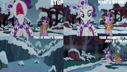 Size: 1280x720 | Tagged: safe, derpibooru import, edit, edited screencap, editor:quoterific, screencap, clover the clever, princess platinum, rarity, twilight sparkle, pony, unicorn, hearth's warming eve (episode), season 2, female, image, jpeg, mare, nose in the air, open mouth, snow, unicorn twilight