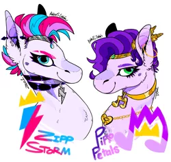 Size: 1161x1098 | Tagged: safe, artist:bloodybagels, derpibooru import, pipp petals, zipp storm, pegasus, pony, bust, duo, duo female, ear piercing, earring, female, females only, g5, image, jewelry, mare, necklace, piercing, png, portrait, siblings, simple background, sisters, text, white background