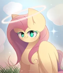 Size: 1666x1950 | Tagged: safe, artist:miryelis, derpibooru import, fluttershy, pegasus, pony, cloud, cute, grass, image, looking at you, nimbus, png, sitting, smiling, smiling at you, solo, sparkles, wings
