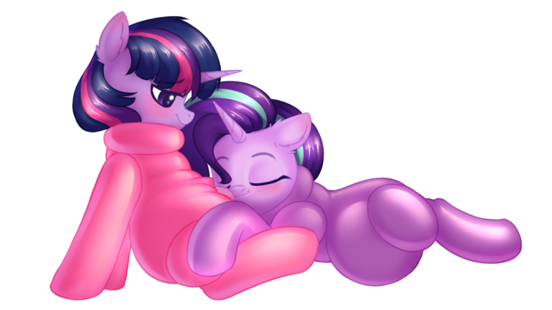 Size: 1920x1080 | Tagged: suggestive, artist:latexcut1e, derpibooru import, starlight glimmer, twilight sparkle, alicorn, unicorn, belly, belly pillow, duo, ear fluff, eyes closed, fetish, hug, image, inflatable, inflatable fetish, inflatable suit, inflation, latex, latex suit, lying down, lying on top of someone, png, poofsuit, shiny